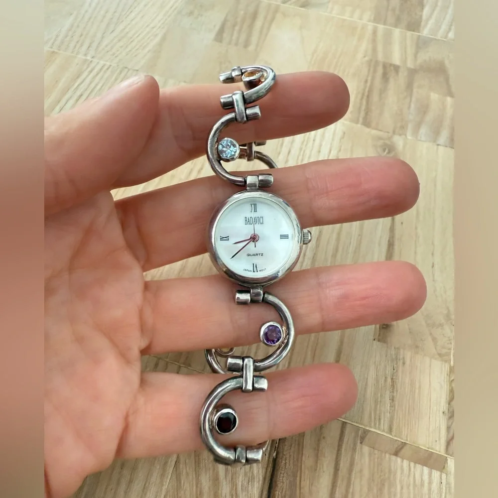 Badavici ladies 925 Sterling silver bracelet multi-color stone watch NEW BATTERY